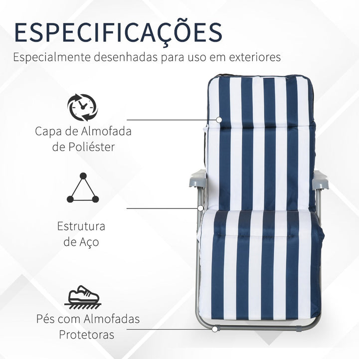 Conjunto de 2 espreguiçadeiras acolchoadas reclináveis e reclináveis com apoio para os pés para a praia ou para o acampamento - azul e branco - aço - 58x90x110cm