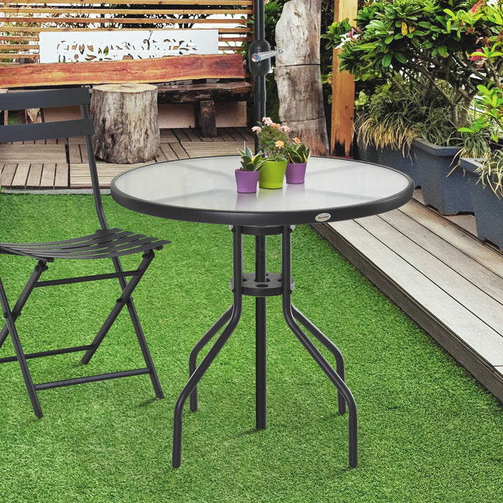 Mesa de Jardim Redonda Mesa Sala de Jantar de Cristal Temperado com Orifício para Chapéu de Sol Estrutura Metálica para Pátio Terraço Exterior Ø80x72cm Preto