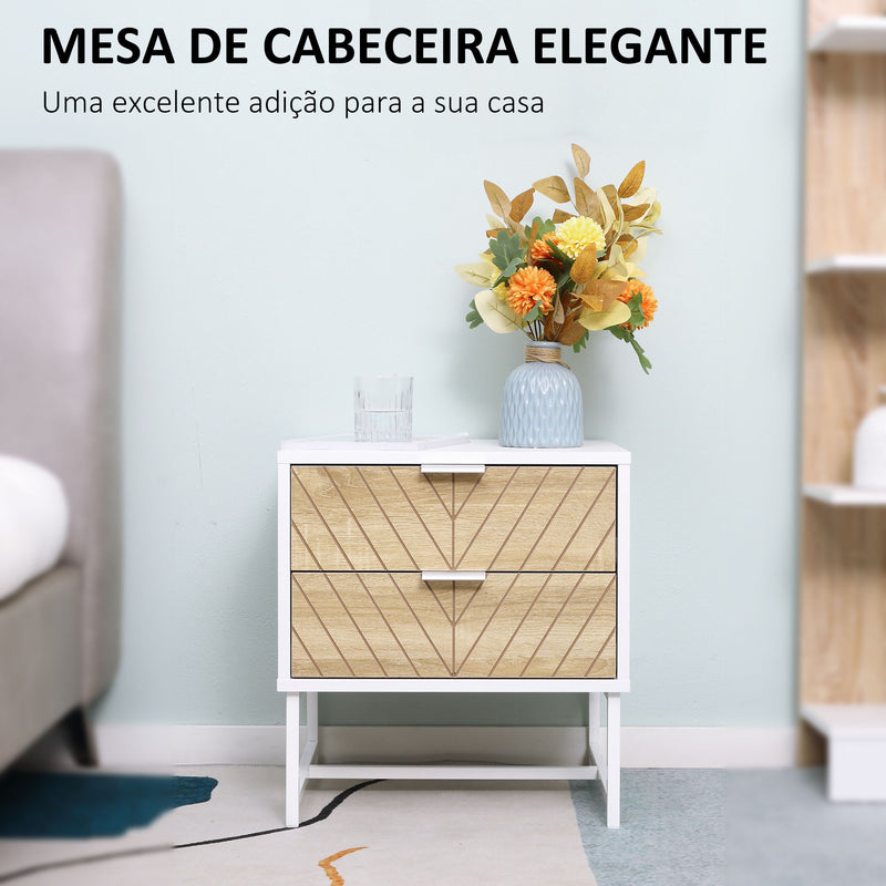 Mesa de Cabeceira com 2 Gavetas Mesa Auxiliar com Pés de Aço para Sala de Estar Dormitório 45x39x48cm Carvalho e Branco