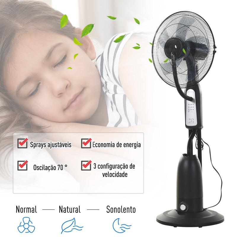 Ventilador de pé com nebulizador de água oscilante e silencioso com 3 velocidades potência 90W Tanque 2,8 L Ø44,5x120 cm Preto