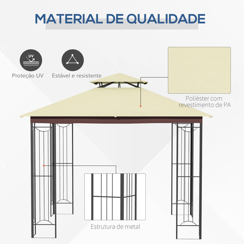 Pérgola de Jardim 3x3m para Exterior com Duplo Teto de Ventilação e Estrutura de Aço com Proteção Solar para Festas Eventos ao Ar Livre Bege