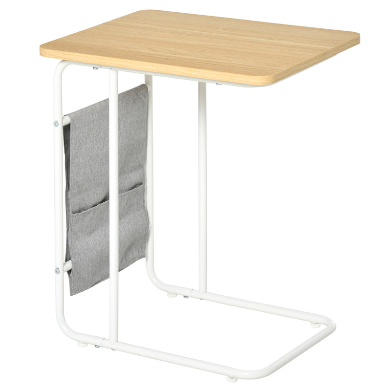 Mesa Auxiliar de Sofá em Forma de C com Bolsa de Armazenamento Removível Mesa Lateral para Sala de Estar Dormitório Escritório 37x48x55,8cm Carvalho e Branco