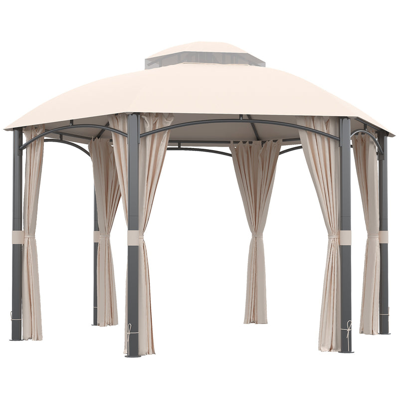 Pérgola de Jardim Hexagonal 4x4m Pérgola de Exterior com Teto Duplo de Ventilação 6 Cortinas Laterais 6 Telas Mosquiteiras com Zíper para Festas Pátio Cáqui