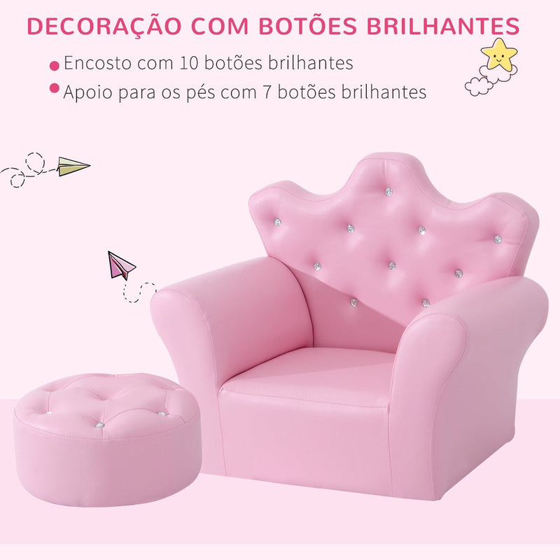 Sofá para Crianças com Banco Encosto Alto em Forma de Coroa e Apoio para os Braços Acolchoado 58x40,5x49cm Rosa