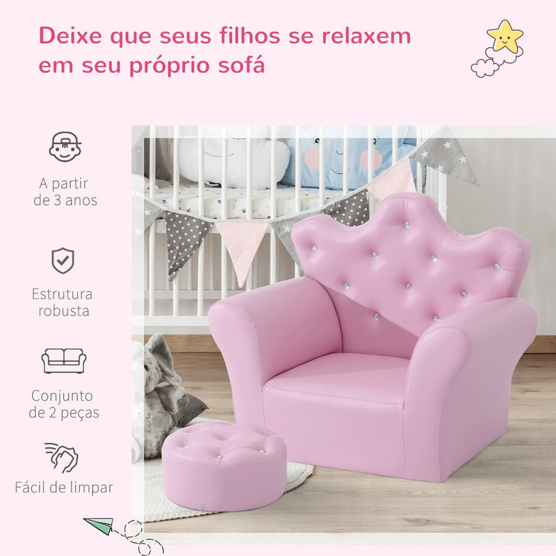 Sofá para Crianças com Banco Encosto Alto em Forma de Coroa e Apoio para os Braços Acolchoado 58x40,5x49cm Rosa