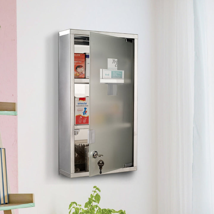 Armario de Medicamentos Farmácia Armário de Primeiros Socorros Aço Inox 3 Estantes Caixa Suspensa de Parede com Fechadura 25x12x48cm