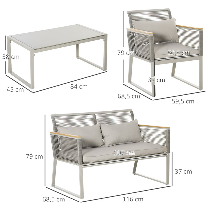Conjunto de Móveis de Jardim Vime 4 Peças Sofá Duplo 2 Poltronas Individuais e Mesa de Centro com Vidro com Almofadas para Exterior Terraço Cinza