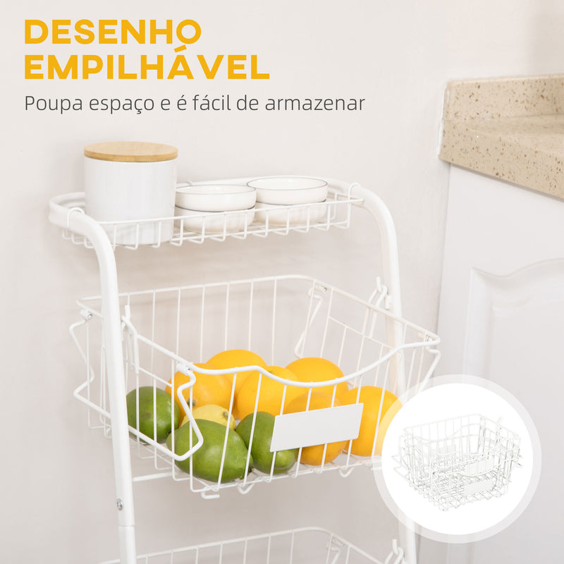 Fruteira Cesto para Frutas e Verduras de 3 Níveis com Cestos Amovíveis e Empilháveis de Aço para Cozinha Sala de Jantar 42,5x36,5x91cm Branco