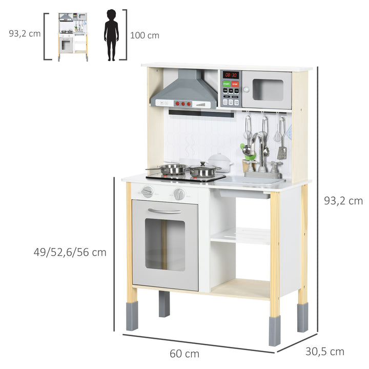 Cozinha Infantil de Madeira Cozinha para Crianças acima de 3 Anos com Altura Ajustável Luz Sons Lavatório Fogão Forno 60x30,5x93,2cm Branco e Cinza