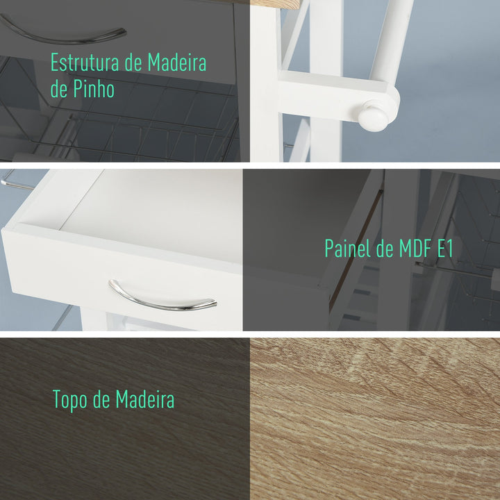 Carrinho de cozinha Carrinho de serviço multifuncional com gavetas Cestas Prateleiras de especiarias Toalheiro Rodas 92x37x82 cm Branco