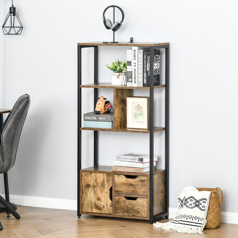 Estante para Livros com Armário e 2 Gavetas de Armazenamento Estante Estilo Industrial para Escritório Sala de Estar 58x24x122cm Marrom Rústico