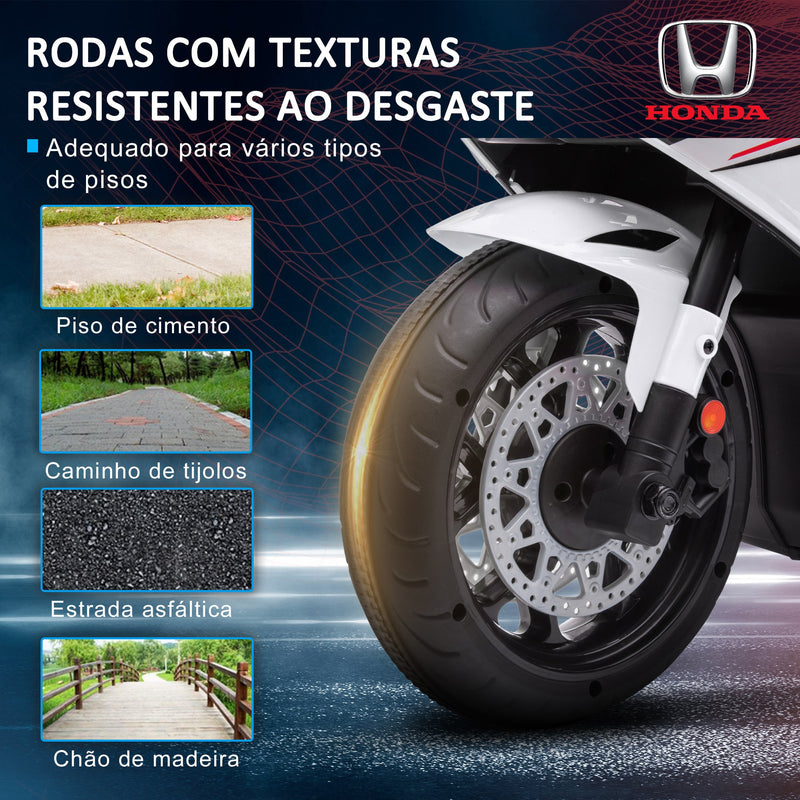 Mota Elétrica com Licença HONDA para Crianças de 3-5 Anos Mota a Bateria 6V com Farol Buzina Música e Rodas Auxiliares Removíveis Carga Máxima 30kg 90x44x52cm Branco