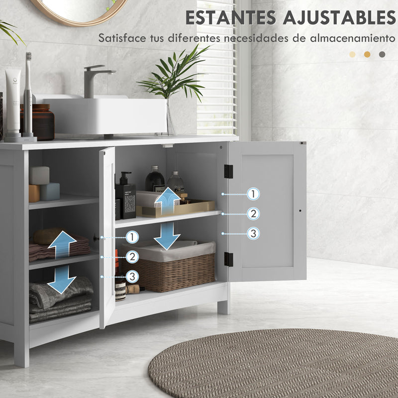 Móvel para Lavatório Pousar de Madeira Móvel para Lavatório com 1 Armário 3 Prateleiras Abertas e Prateleira Ajustável Estilo Moderno Carga Máxima 31 kg 90x30x60 cm Branco