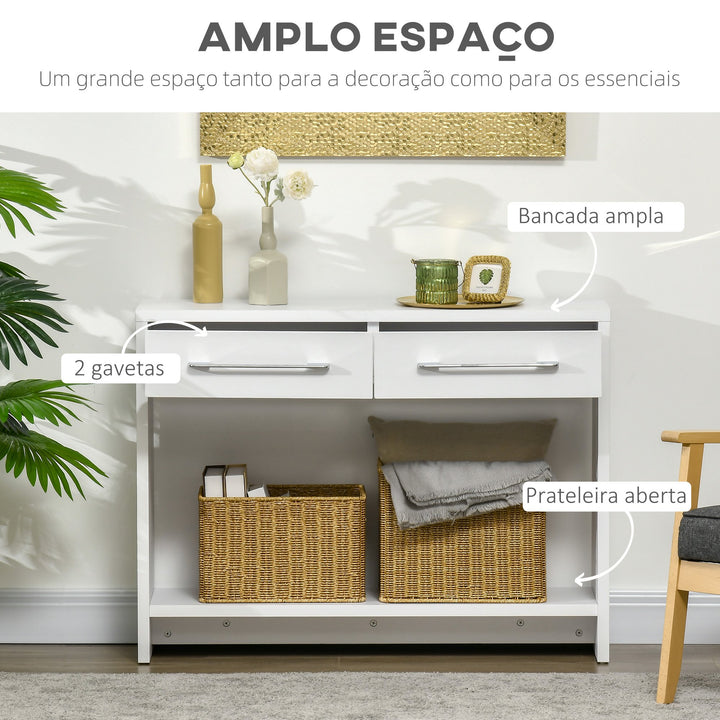 Mesa Consola com 2 Gavetas e Prateleira de Armazenamento Móvel de Entrada para Corredor Sala de Estar Estilo Moderno Anti-Rolamento Carga Máxima 50kg 101,6x28x76,2cm Branco