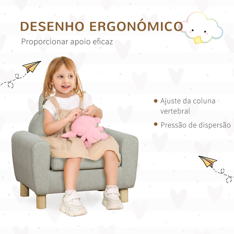 Poltrona Infantil Mini Sofá para Crianças acima de 3 Anos com Assento Acolchoado Apoio para os Braços e Estrutura de Madeira Carga Máxima 45kg 60x42x50cm Cinza