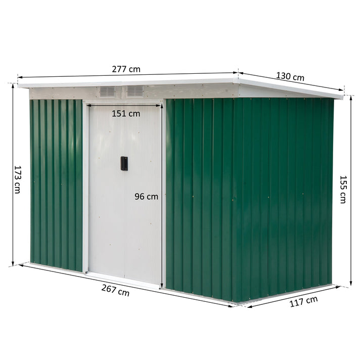 Barracão de jardim tipo galpão de metal para armazenamento de ferramentas 277x130x173cm Aço verde