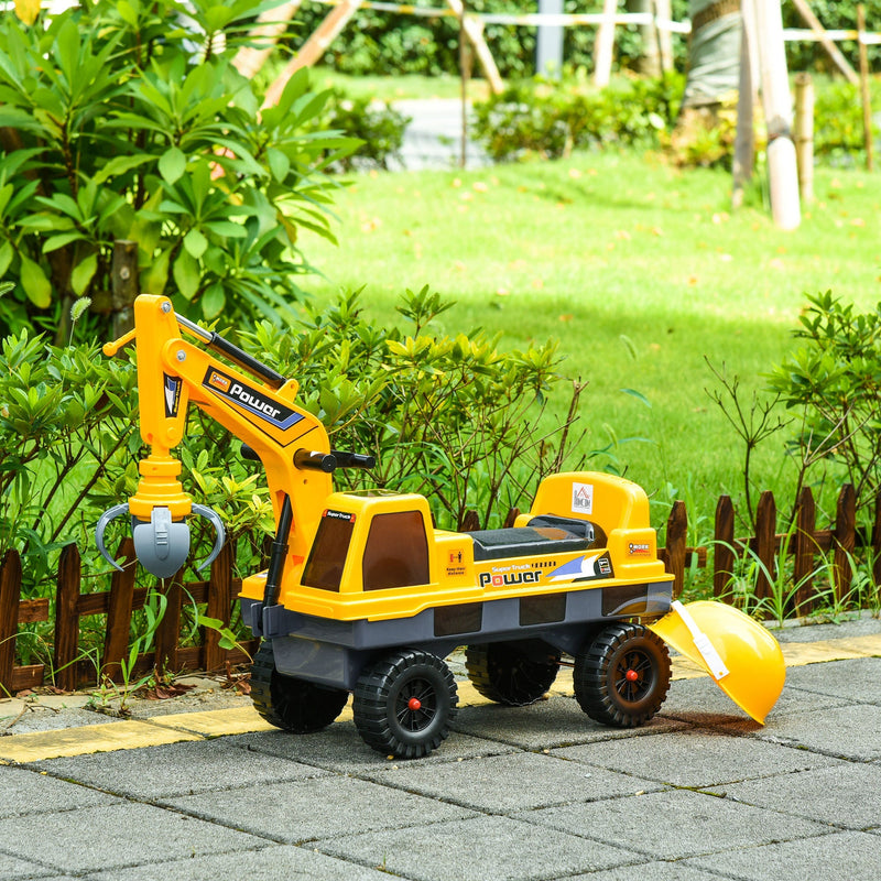 Escavadora Infantil sem Pedais para Crianças de 2-3 anos Carro Andador com Pá Pinça de Agarrar Luzes Música e Armazenamento Oculto 90x28x58cm Amarelo