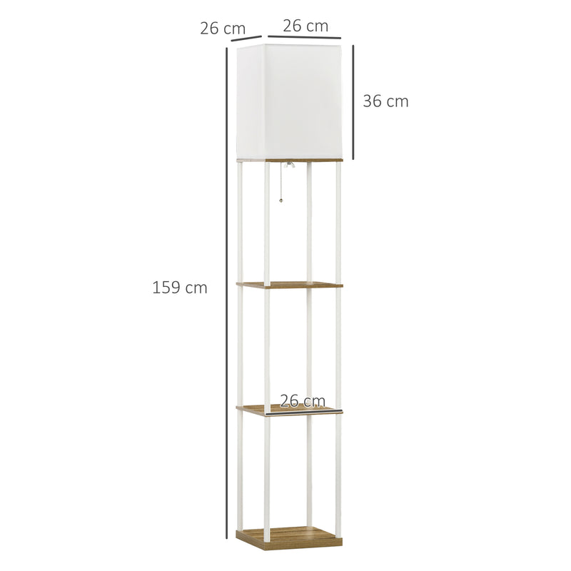 Candeeiro de Pé Moderno com Prateleiras Candeeiro de Pé para Sala de Estar Lâmpada E27 Máx. 40W com Ecrã de Tecido e Interruptor de Pé para Dormitório Escritório 26x26x159cm Branco e Madeira