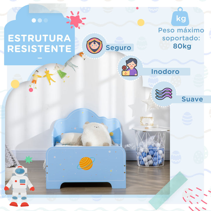 Cama para Crianças de 3-6 Anos 143x74x59cm Cama Infantil de Madeira com Barreiras de Proteção Carga Máxima 80kg Azul