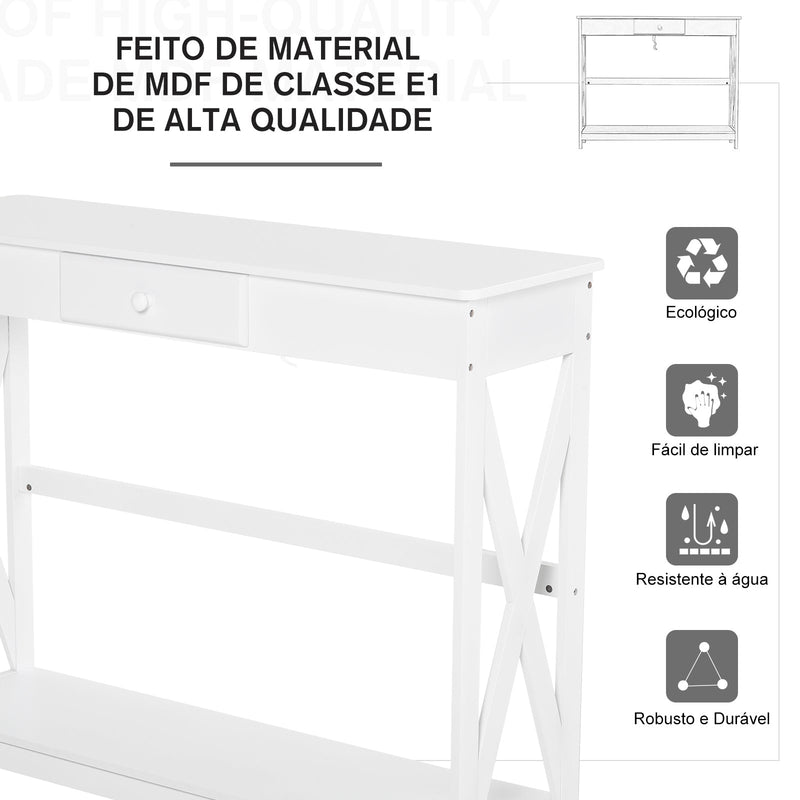 Mesa consola branca com prateleira 1 gaveta Armário com prateleira inferior 100x30x81cm Branco