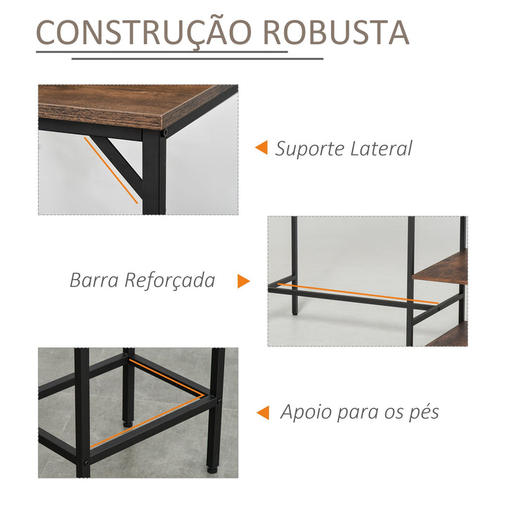 Conjunto de mesa de bar e 2 bancos com apoio para os pés e prateleiras de 3 níveis 109x60x100 cm marrom rústico