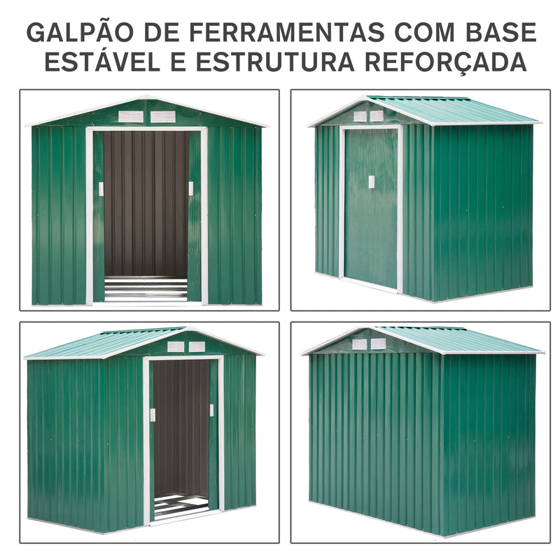 Galpão de jardim Exterior de Aço com porta deslizante grande espaço de armazenamento 213x127x185 cm Verde