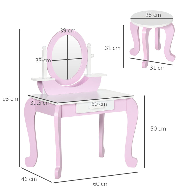 Toucador Infantil com Banco e Espelho Toucador Infantil de Madeira com Gaveta Mesa de Maquilhagem para Crianças entre 3-6 Anos 65,5x46x93cm Rosa