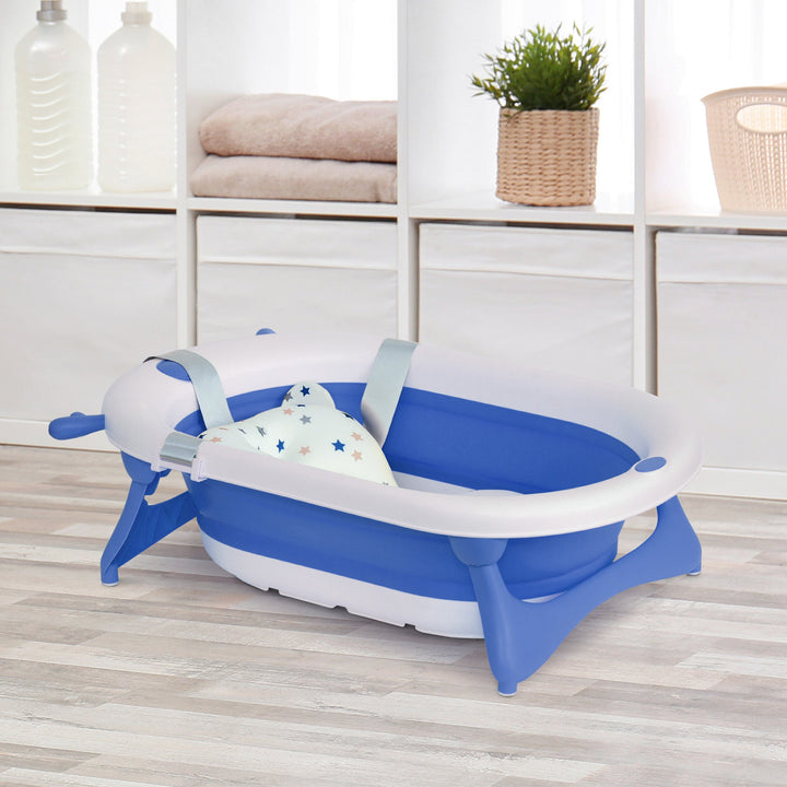 Banheira para Bebé Recém Nascido até 3 Anos Dobrável 30 Litros com Tampa Termossensível e Almofada Confortável Almofadas Antiderrapantes 81,5x50,5x23,5cm Azul e Branco