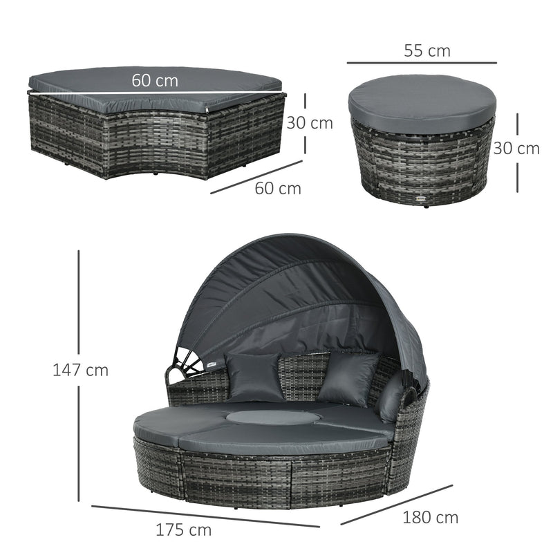 Conjunto de Vime Modular para Exterior com 5 Peças Cama Redonda com Toldo Dobrável Almofadas Removíveis Laváveis e 3 Almofadas Decorativas Estrutura de Metal 175x180x147cm Cinza