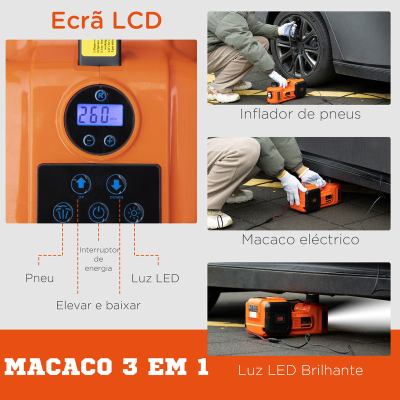 Kit de Macaco Elétrico para Carro 12V Macaco Elétrico para até 5 Toneladas de 15,5x45cm com Reparação para Pneus Luz LED e Inflador para Carro SUV Sedan 36x33x16cm Laranja