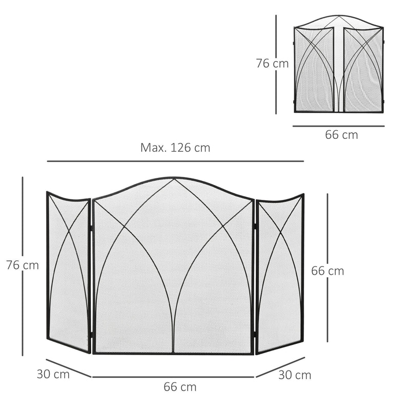 Frente para Lareira Dobrável Proteção para Lareira de 3 Painéis com Dobradiças e Estrutura de Metal Decorativa 126x2x76cm Preto