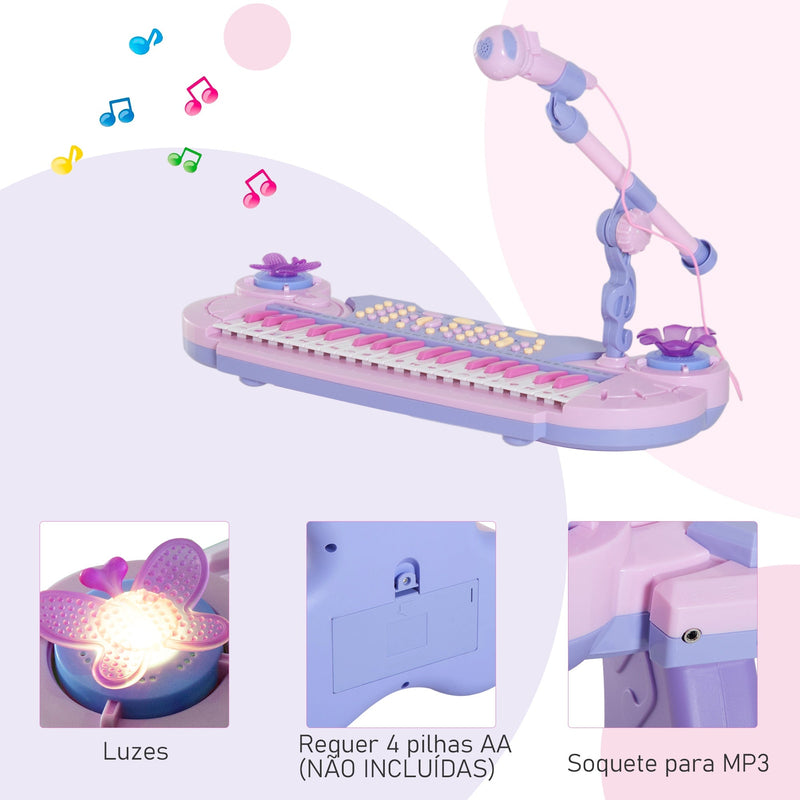 Órgão Electrónico Piano Infantil com Microfone Banquinho Luzes e 22 Canções cor Rosa