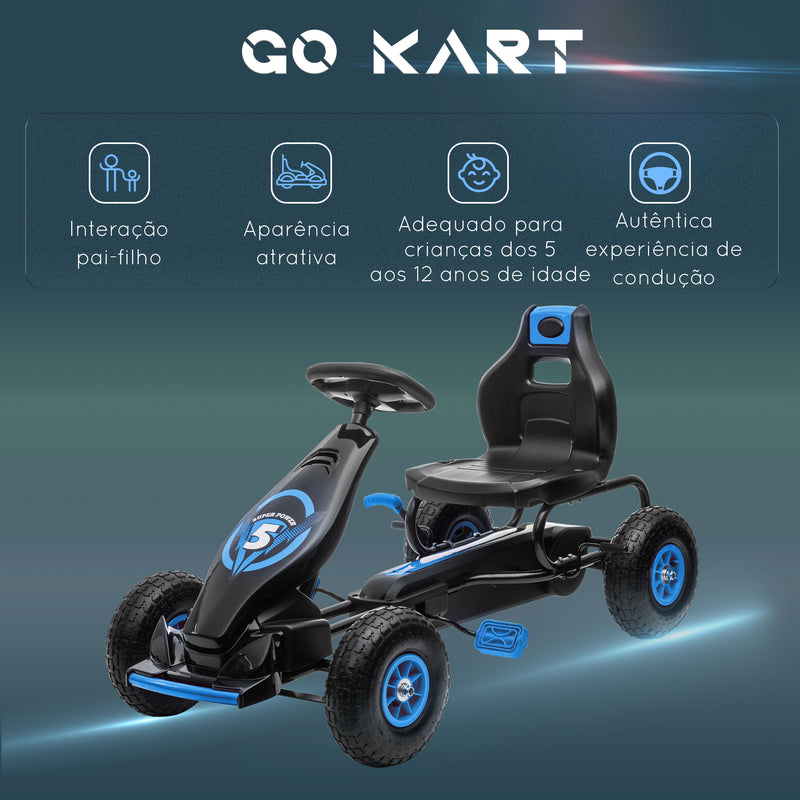 Kart a Pedais para Crianças 5-12 Anos Kart a Pedais Infantil com Assento Ajustável Pneus Insufláveis Amortecimento e Travão de Mão Carga Máx. 50kg 121x58x61cm Azul