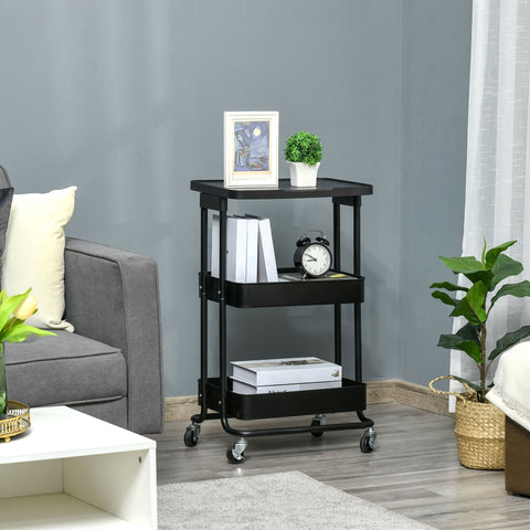 Carrinho de Cozinha com Rodas Carrinho de Armazenamento de 3 Níveis e Rodas com Freio para Sala de Estar Dormitório Escritório 46x34,5x76,5cm Preto