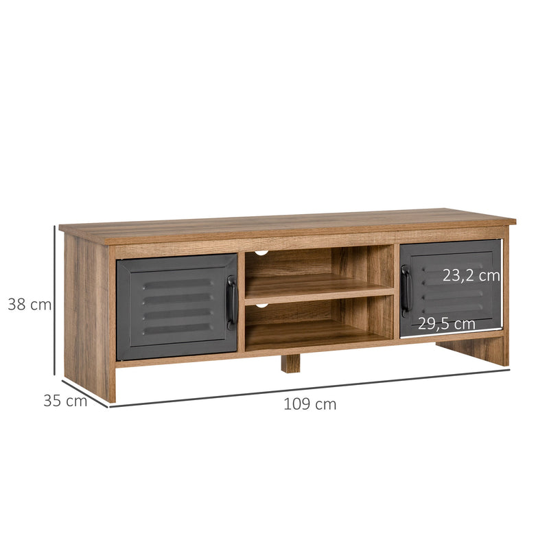 Armário de TV para televisores de 42 "com 2 compartimentos fechados com portas de metal e 2 estantes 109x35x38 cm Madeira natural e cinza