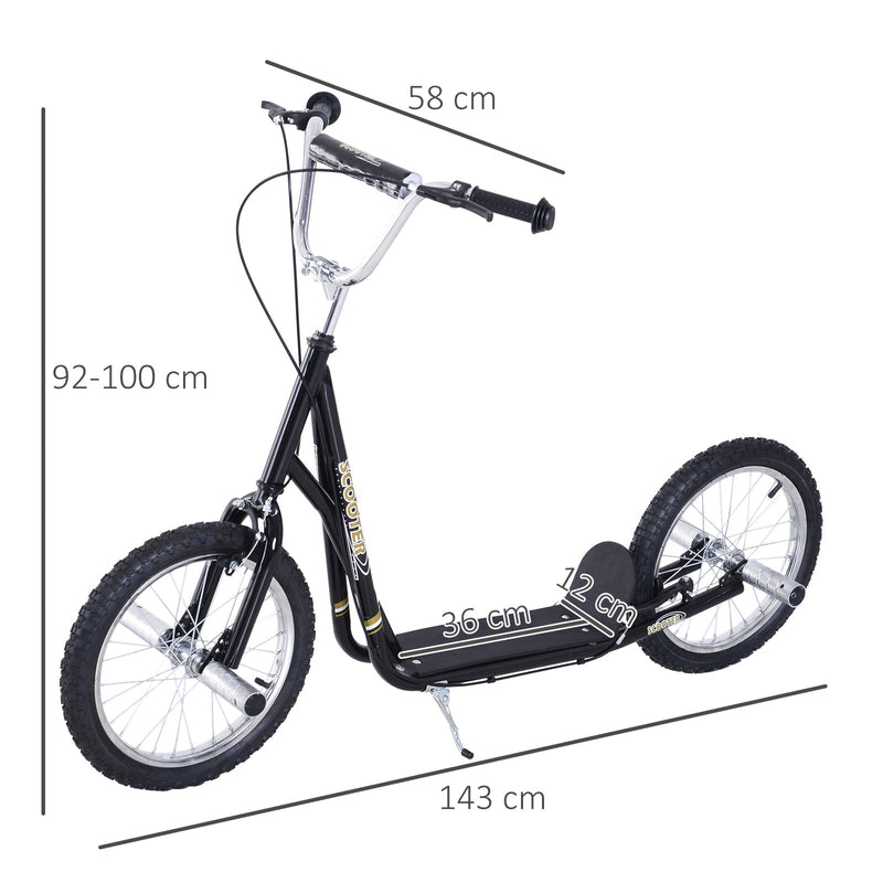 Trotinete para Crianças acima de 5 anos Scooter de 2 Rodas Grandes Insufláveis de 16 Polegadas com Freios e Guidão Ajustável em Altura 143x58x92-100cm Preto