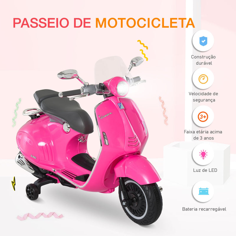 Mota elétrica Vespa para crianças acima de 3 anos com Faróis Música e 2 Rodas Auxiliares 108x49x75 cm Rosa