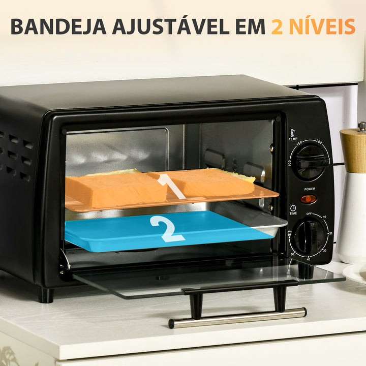 Mini Forno de Convecção 10 Litros 750W com Temperatura até 230 °C Temporizador 60 Minutos Bandeja e Grade 36,5x26x22cm Preto