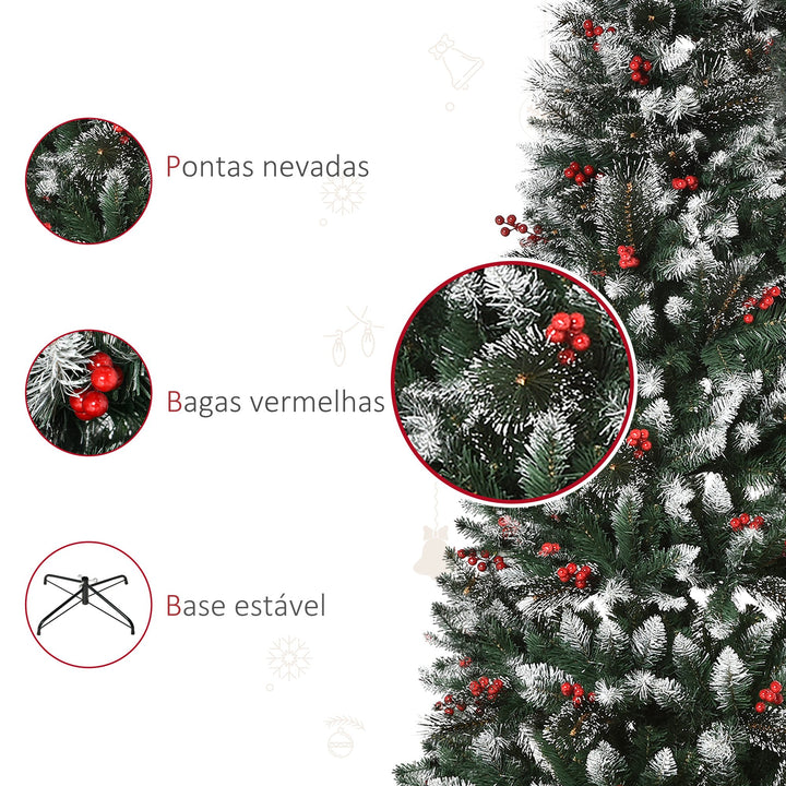 Árvore de Natal Artificial 180cm Ignífugo com 539 Ramos 51 Bagas Folhas de PVC Base Dobrável e Suporte Metálico Decoração de Natal para Interiores Verde