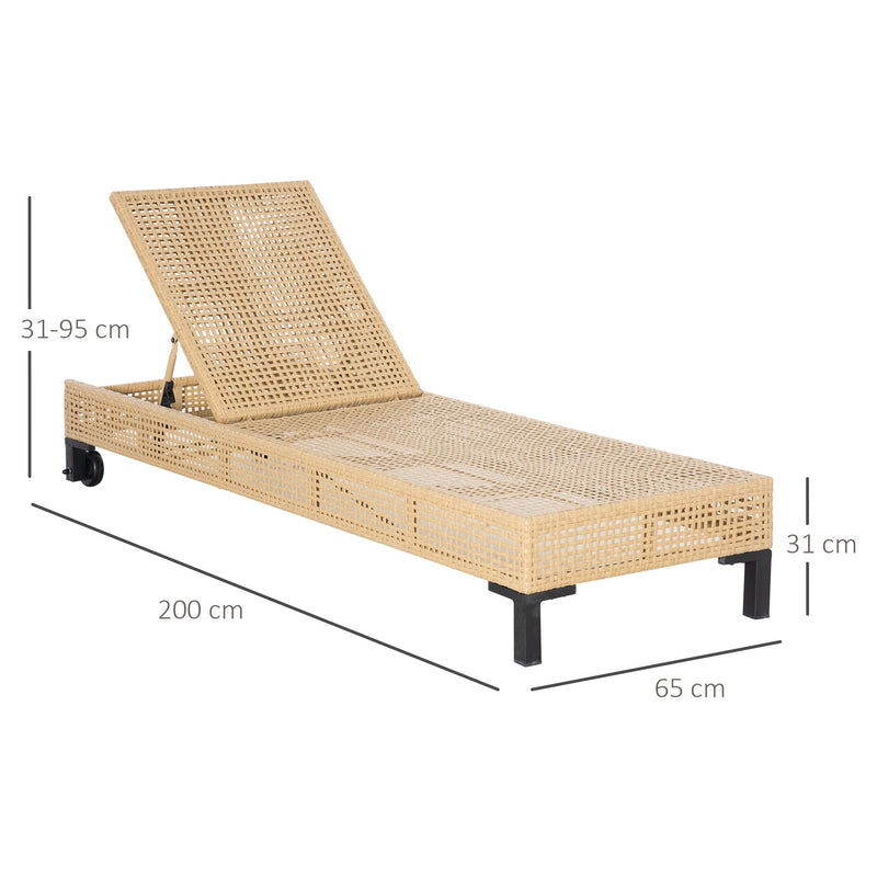 Espreguiçadeira de Vime de Jardim Chaise Longue com Encosto Ajustável em 3 Posições Almofada Acolchoada e 2 Rodas para Terraço Exterior Aço 65x200x31cm Natural e Bege