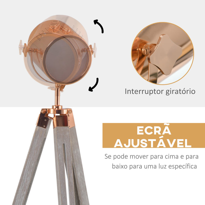 Candeeiro de Pé com Tripé de Madeira Suporte para Lâmpada E27 Máx. 25W IP20 Altura Ajustável Interruptor de Pé Candeeiro de Pé para Sala de Estar Dormitório Escritório Ø65x100-140cm Madeira Envelhecida e Ouro Rosa