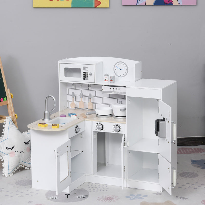 Cozinha de Brinquedo de Madeira para Crianças acima de 3 Anos Cozinha Infantil com Frigorífico Microondas Lavatório e 14 Acessórios 86x64x84,5cm Branco