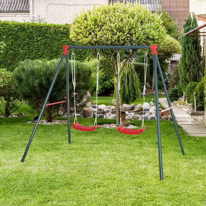 Baloiço duplo para crianças acima de 3 anos com suporte de metal coml Corda ajustável Máx. 40kg 220x160x180cm Verde Vermelho