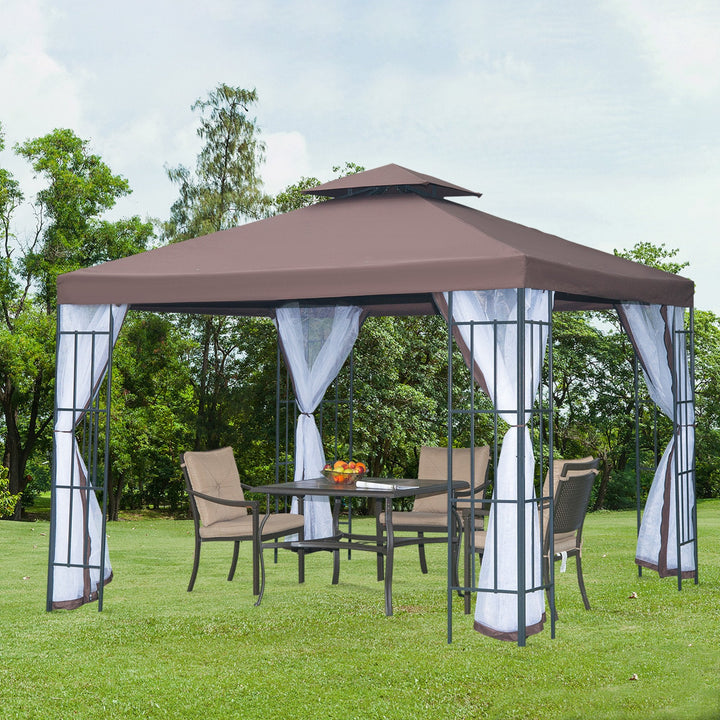 Pérgola de Jardim 3x3m Pérgola para Exterior com Duplo Teto de Ventilação 4 Telas Mosquiteiras Laterais Removíveis e Estrutura de Aço com Proteção Solar para Festas Eventos Café