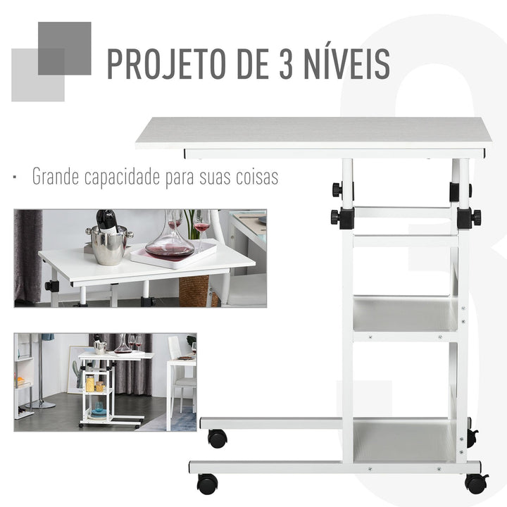 Mesa Lateral para Sofá Mesa lateral em Forma de C com 4 rodas Giratórias Freios Altura Ajustável 3 níveis Estrutura Metálica 80x40x72-82cm Branco