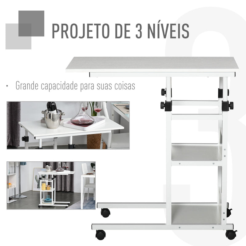 Mesa Lateral para Sofá Mesa lateral em Forma de C com 4 rodas Giratórias Freios Altura Ajustável 3 níveis Estrutura Metálica 80x40x72-82cm Branco