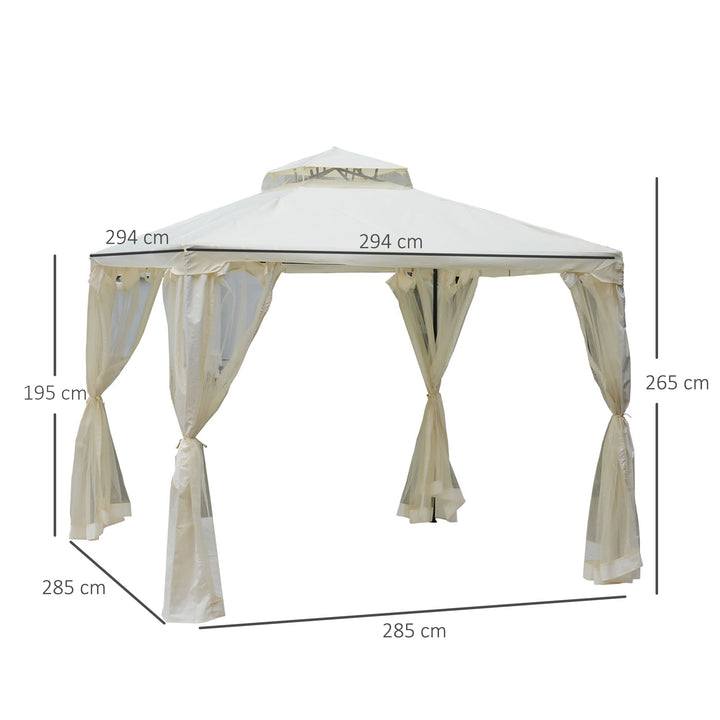 Pérgola de Jardim 3x3m Pérgola de Exterior com Duplo Teto de Ventilação 4 Cortinas Laterais 4 Orifícios de Drenagem e 4 Telas Mosquiteiras com Zíper para Festas Pátio Creme