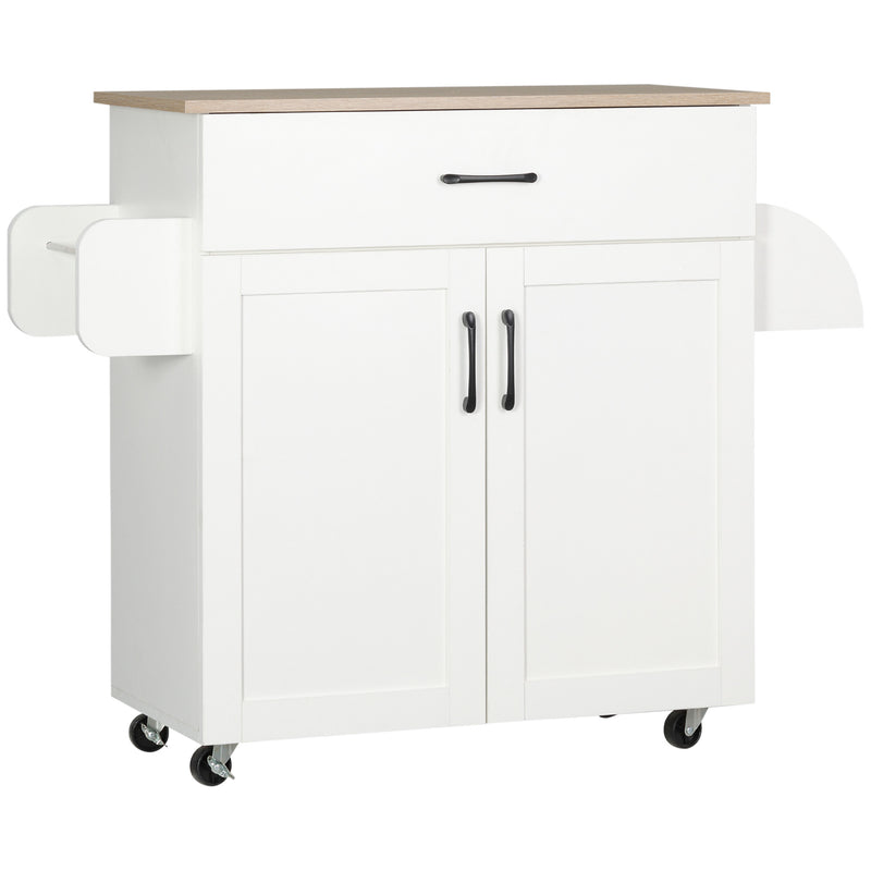 Carrinho de Cozinha com 1 Gaveta 2 Portas Suporte para Panos e Especies Carrinho Auxiliar com Rodas para Sala de Jantar Carga Máxima 105x36x85cm Branco