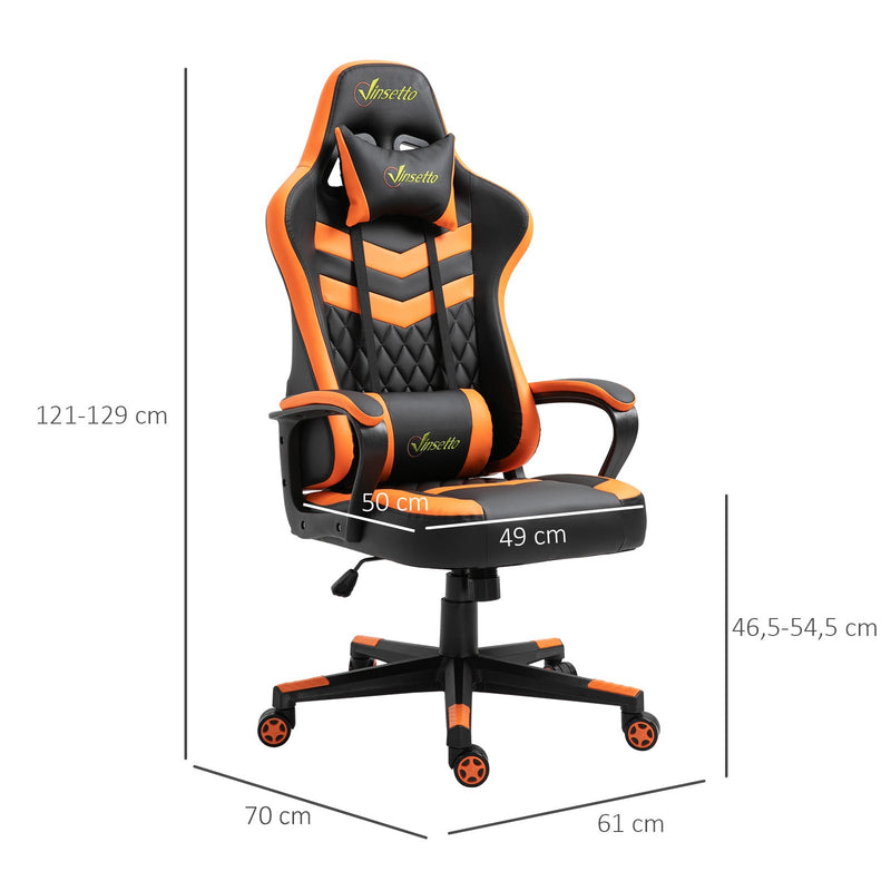 Cadeira gaming para escritório Ergonômico Altura ajustável basculante com apoio de cabeça e almofada lombar 61x70x121-129 cm laranja