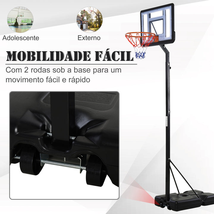 Tabela de basquetebol com suporte portátil Aro de cesta ajustável em altura base recarregável para crianças e adultos 86x153x250-350 cm Preto